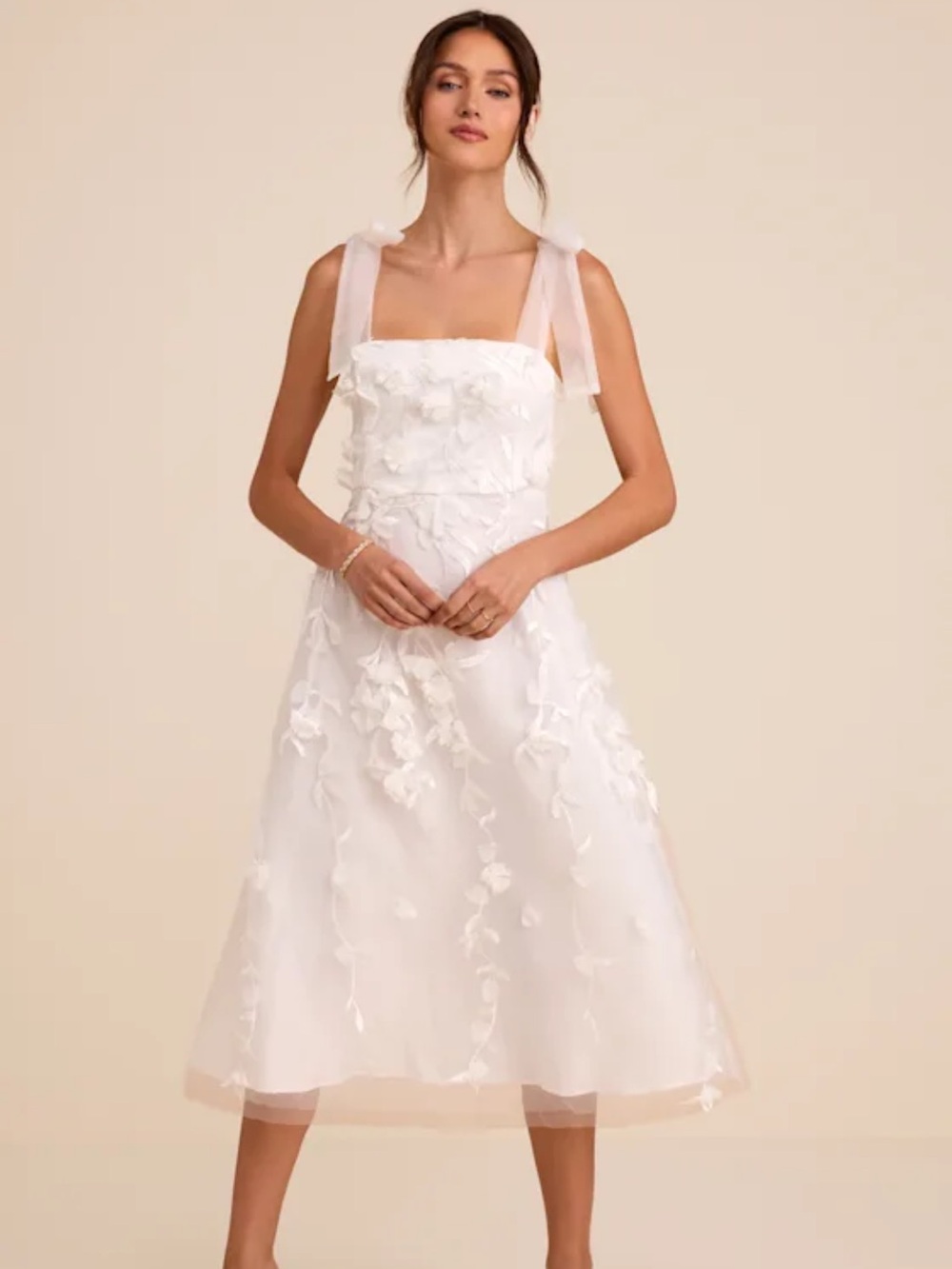 NWT Lulus Effortlessly Sweet White Tulle 3D Floral Tie-Strap Midi Dress